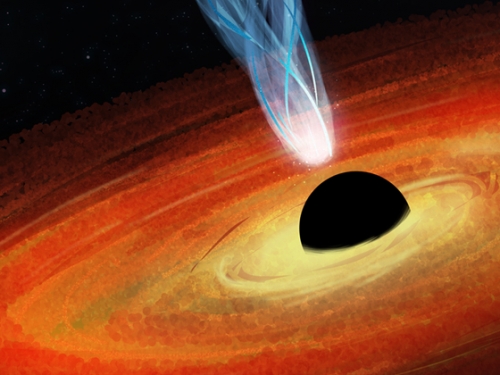 Illustration of a black hole with Chandra x-ray observatory circling nearby