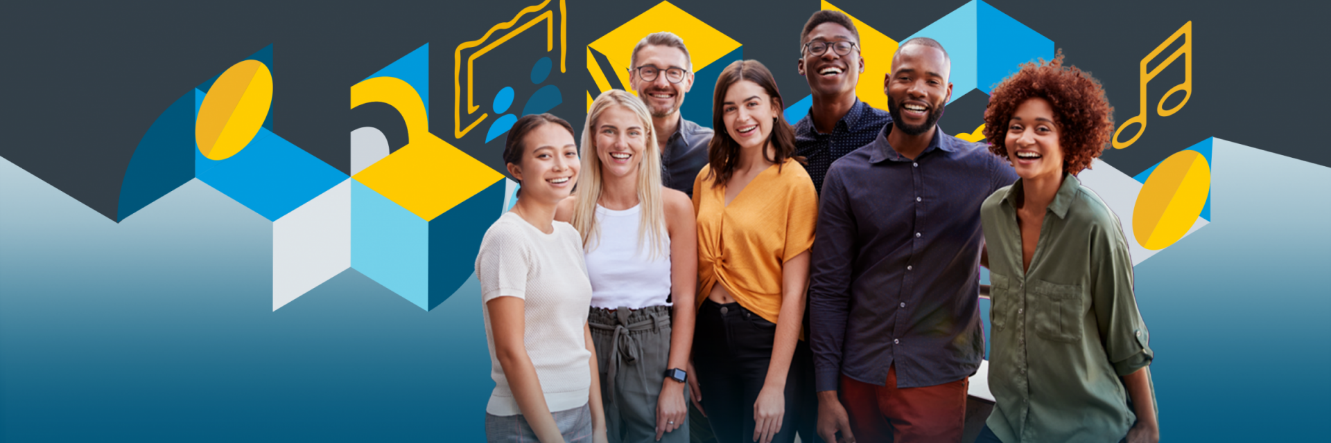 A diverse group of young educators, smiling. Behind is a graphic of blue and yellow isometric squares and museum icons.