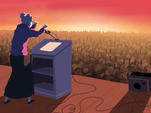 Illustration of a gray-haired woman giving a speech at a lectern to a large audience with a red and yellow background.